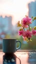 Urban elegance coffee, phalaenopsis orchid, and the citys awakening Royalty Free Stock Photo