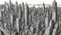 Urban Elegance: Pen and Ink Drawing of a Cityscape with Towering Skyscrapers