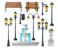 Urban elements set. Street lamps, fountain, park benches and wastebaskets. Vector illustration Royalty Free Stock Photo