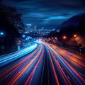 Urban energy Long exposure photo showcases car light trails at night