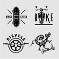 Urban exterme sport set. Vintage city transportation embleme collection. Black and white t shirt prints with scooter