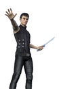 Urban fantasy hunter warrior man wearing a black leather outfit and holding a dagger