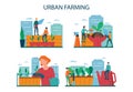 Urban farming or gardening concept set. City agriculture. People