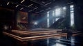 Urban fashion, empty show stage, large spacious interior with various lights, generative AI