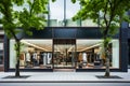 Urban fashion store facade, large windows, clothing display, green trees