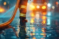 Urban firefighter using fire hose selective focus, close up urban firefighting , city street Royalty Free Stock Photo