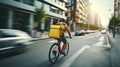 Urban food delivery cyclist speeding through city streets Royalty Free Stock Photo