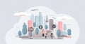 Urban forestry cityscape with trees and benefit symbols tiny person concept