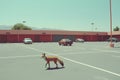 Urban fox scavenging on the edge of parkland in a residential area. Neural network AI generated