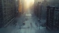 Urban Freeze, Wide Shot of Skyscrapers Encased in Ice, Streets Empty and Covered in Snow, Early Morning Light Casting Royalty Free Stock Photo