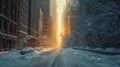 Urban Freeze, Wide Shot of Skyscrapers Encased in Ice, Streets Empty and Covered in Snow, Early Morning Light Casting