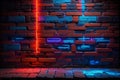 Urban fusion. intense neon lights on raw brick walls