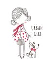 Urban girl with dog. Fashion illustration for clothing Royalty Free Stock Photo