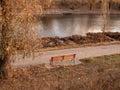 Urban golden autumn cityscape of a lonely park with river in Kyiv city, Ukraine