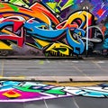 1190 Urban Graffiti Art: A textured and urban background featuring urban graffiti art with vibrant colors, graffiti tags, and an Royalty Free Stock Photo