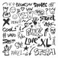 Urban graffiti elements. Spray graphics street drawing, pen doodle texture art. Isolated black fashion paint lettering