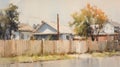 Urban Grittiness: Soft Light Painting Of Fence With Houses In Yard