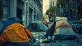 Urban Homelessness: Tents on a Littered City Street at Dusk. Generative ai Royalty Free Stock Photo