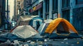 Urban Homelessness: Tents on a Littered City Street at Dusk. Generative ai Royalty Free Stock Photo