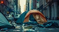 Urban Homelessness: Tents on a Littered City Street at Dusk. Generative ai Royalty Free Stock Photo