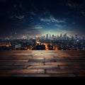 Urban horizon Wooden table under blurred night sky, city buildings softly illuminated