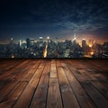 Urban horizon Wooden table under blurred night sky, city buildings softly illuminated