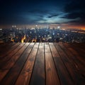 Urban horizon Wooden table under blurred night sky, city buildings softly illuminated