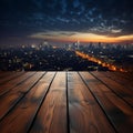 Urban horizon Wooden table under blurred night sky, city buildings softly illuminated