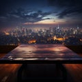 Urban horizon Wooden table under blurred night sky, city buildings softly illuminated