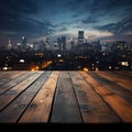 Urban horizon Wooden table under blurred night sky, city buildings softly illuminated