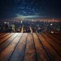 Urban horizon Wooden table under blurred night sky, city buildings softly illuminated