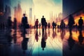 Urban hustle Silhouettes of business people navigating the city portraying time management