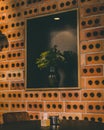 Urban industrial interior cafe with orange brick wall, Barcelona