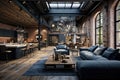 Urban industrial loft style living room with dark blue color scheme and high ceilings