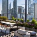 Urban Industrial Rooftop: A rooftop terrace with metal furniture, graffiti art, and city skyline views4, Generative AI