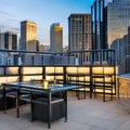 Urban Industrial Rooftop: A rooftop terrace with metal furniture, graffiti art, and city skyline views1, Generative AI