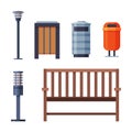 Urban Infrastructure Design Element Set, Lamppost, Trash Bins, Wooden Fence Flat Style Vector Illustration on White