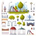 Urban Infrastructure Design Elements Collection, City Park Objects Flat Style Vector Illustration on White Background Royalty Free Stock Photo