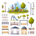 Urban Infrastructure Design Elements Collection, City Public Park Objects Flat Style Vector Illustration on White Royalty Free Stock Photo
