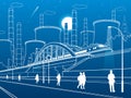 Urban infrastructure illustration. People walking at the street. Train move on bridge. Illuminated highway. Factory thermal power