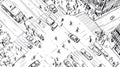 Aerial view sketch of busy city intersection with traffic and pedestrians Royalty Free Stock Photo