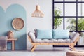 Urban jungle in bright white and blue living room interior with scandinavian futon sofa Royalty Free Stock Photo