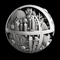 Urban jungle, 3d knolling sphere with retro-futuristic town, black and white, urban architecture, AI generative concept