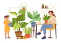 Urban jungle. Gardening mother daughter, girl watering woman planting. Plants in pots, scandinavian home garden vector