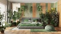 Urban jungle, modern bedroom in green and wooden tones. Master bed, parquet floor and decors, houseplants. Home garden interior Royalty Free Stock Photo