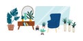 Urban jungle and scandinavian style flat interior design with armchair and indoor plants. Cartoon doodle concept for landing page Royalty Free Stock Photo