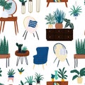 Urban jungle seamless pattern hand drawn cartoon flat style. Houseplant doodle texture fro textile. wrapping paper