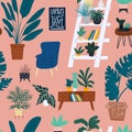 Urban jungle seamless pattern hand drawn cartoon flat style. Houseplant doodle texture fro textile. wrapping paper