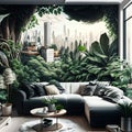 Urban jungle in trendy living room interior with white couch Royalty Free Stock Photo