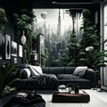 Urban jungle in trendy living room interior with white couch Royalty Free Stock Photo